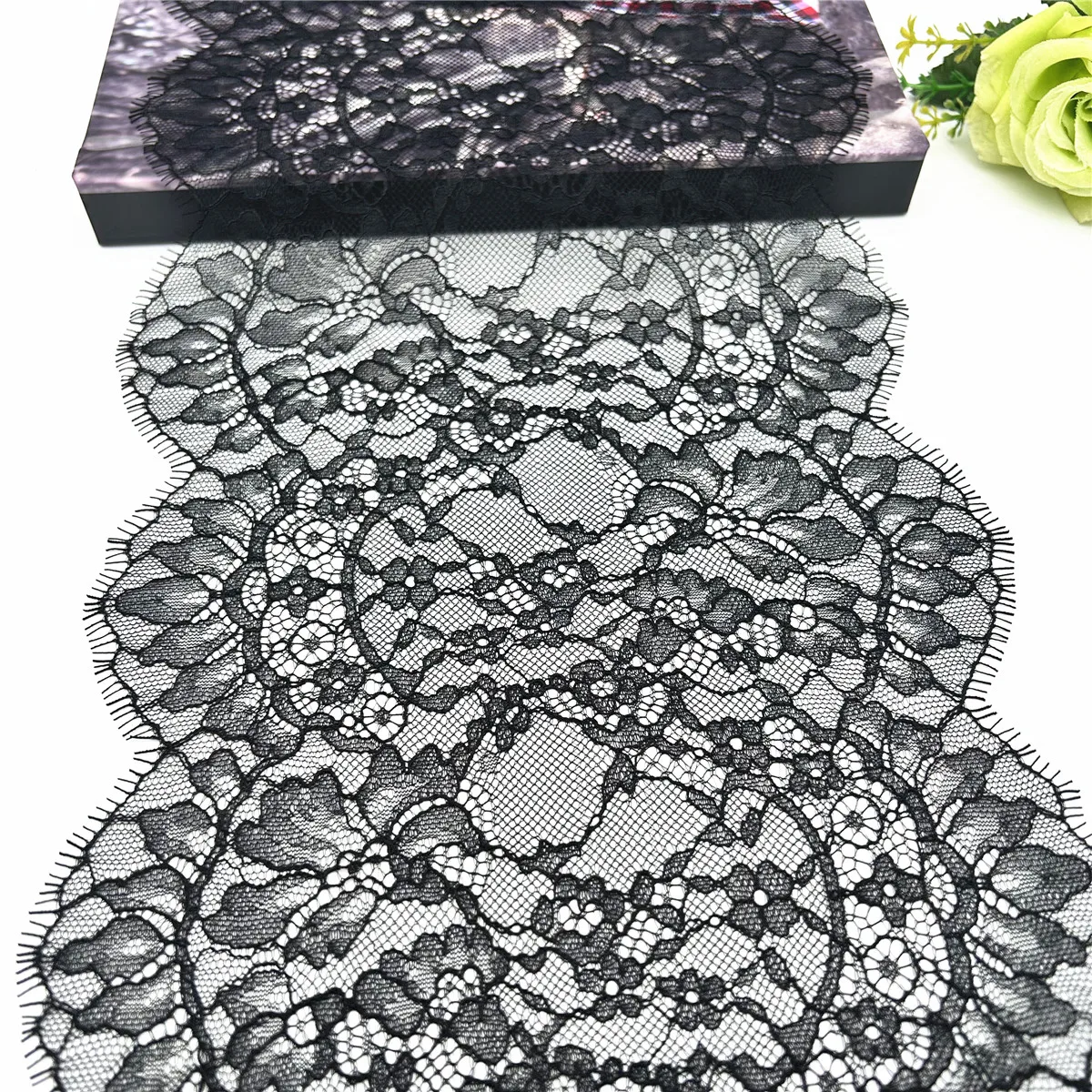 3M/lot Width 22.50cm 8 7/8in Black Eyelash Lace Trim No-Elastic Clothing Accessories Dress Sewing Applique Costume Lace Fabric