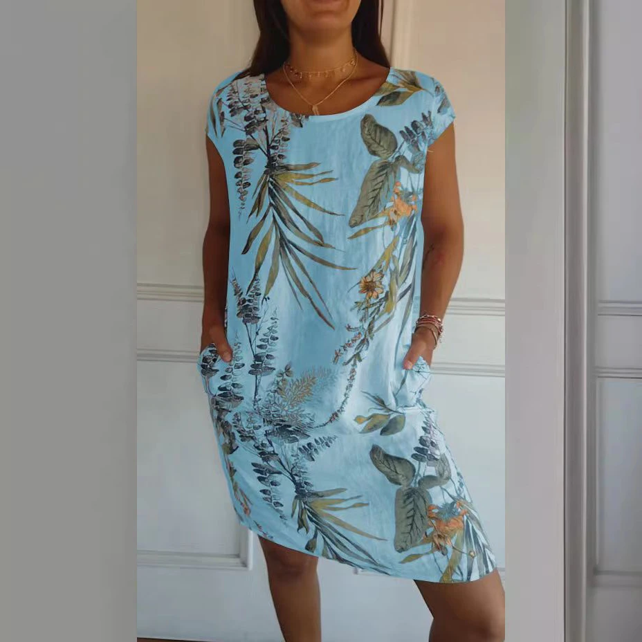 Vestido corto de verano con estampado Floral para mujer, minivestido holgado de manga corta con cuello redondo, bolsillo lateral, informal, para fiesta y playa