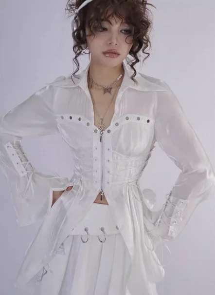 New Original Japanese Harajuku Cool Girl Fashion White Long Shoulder Waist Cinching Shirt Female Temperament Slim Kawaii Top