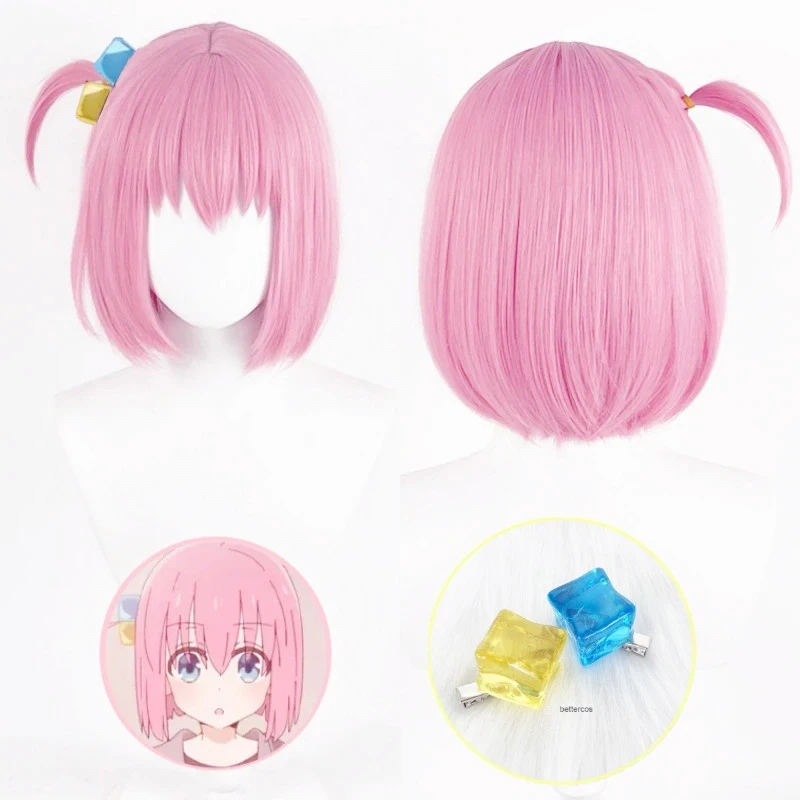 Rambut Palsu Anime Goto Hitori Bocchi The Rock! Wig Cosplay Gotou Gotoh Rambut Lurus Merah Muda Panjang Wig Pesta Wanita Tahan Panas + Topi Wig