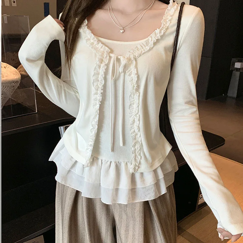 Women Long Sleeved T-shirt Fake Two Piece Lace Splicing Skirt Edge Design Slim Solid Color Simple Daily Casual Versatile Top