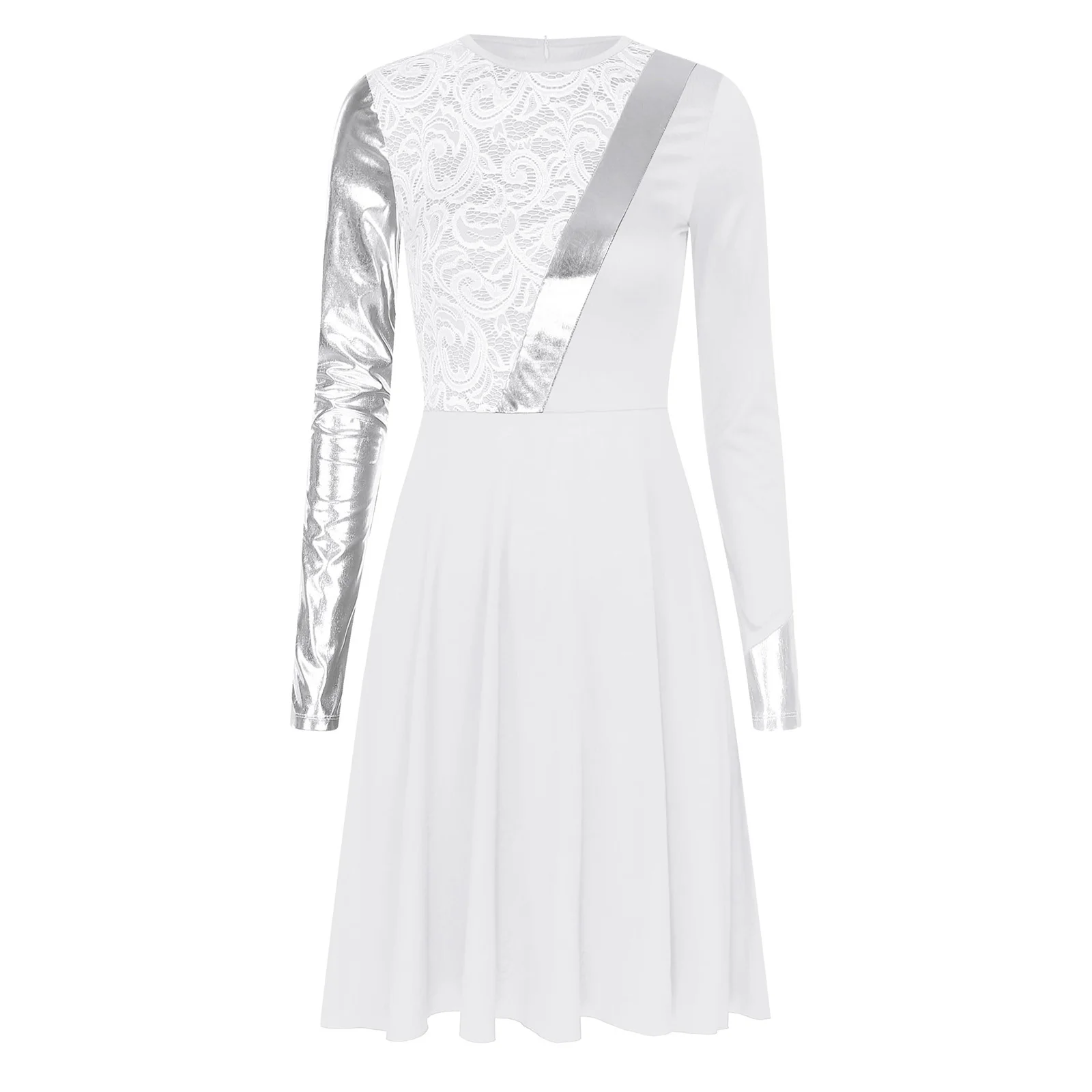 Women Modern Lyrical Dance Performance Dress Church Choir Worship Praise Costume Long Sleeve Lace Patchwork Metallic Dresses image 2
