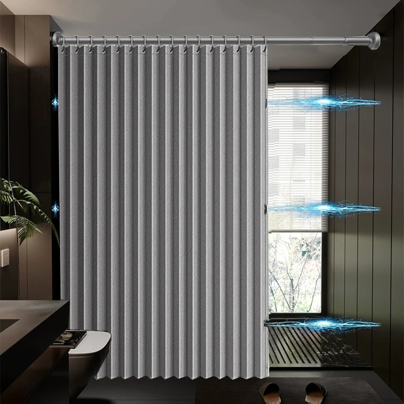 Foldable stylish bathroom wind curtain, waterproof and mildew-proof bathroom curtain partition. Distribution hooks