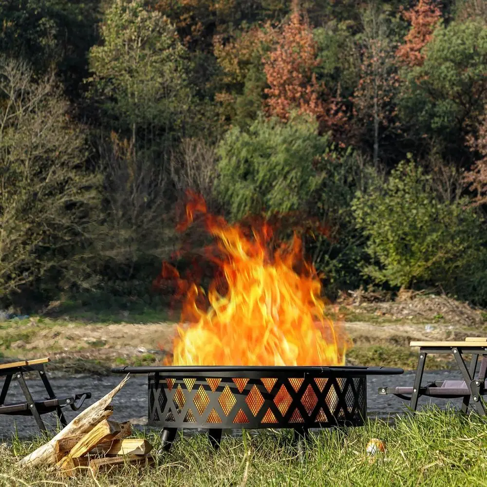 حفرة نار منسوجة متقاطعة مقاس 42 بوصة في الهواء الطلق مع شاشة شرارة وبوكر النار لحرائق الفناء والحديقة #6
