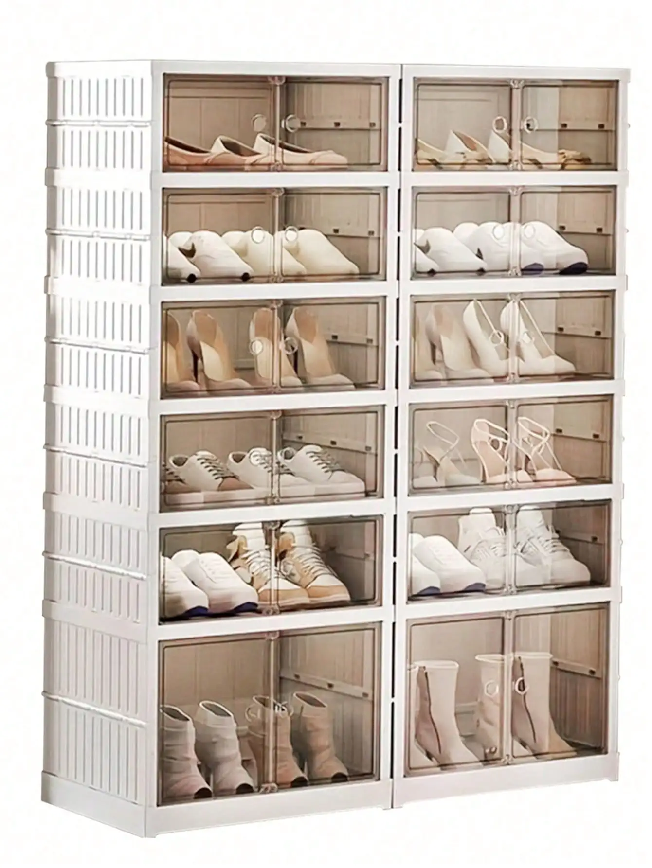 3/6/9-Tier Foldable Shoe Boxes with Doors, Transparent Plastic Stackable Shoe Storage Organizer, Easy Assembly Footwear Rack for Entryway Bedroom Dorm Closet