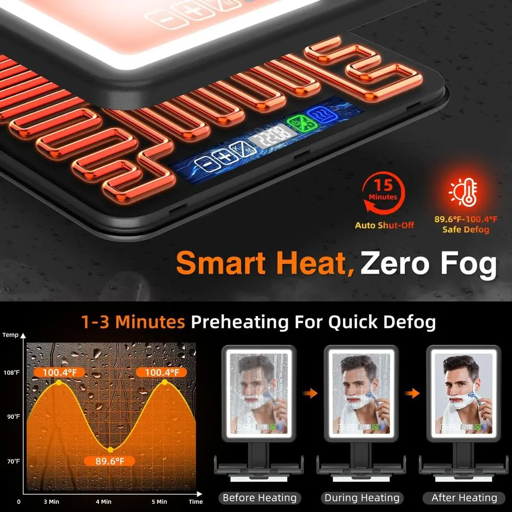 Espelho LED antiembaçante com calor, relógio e armazenamento para barbear no chuveiro