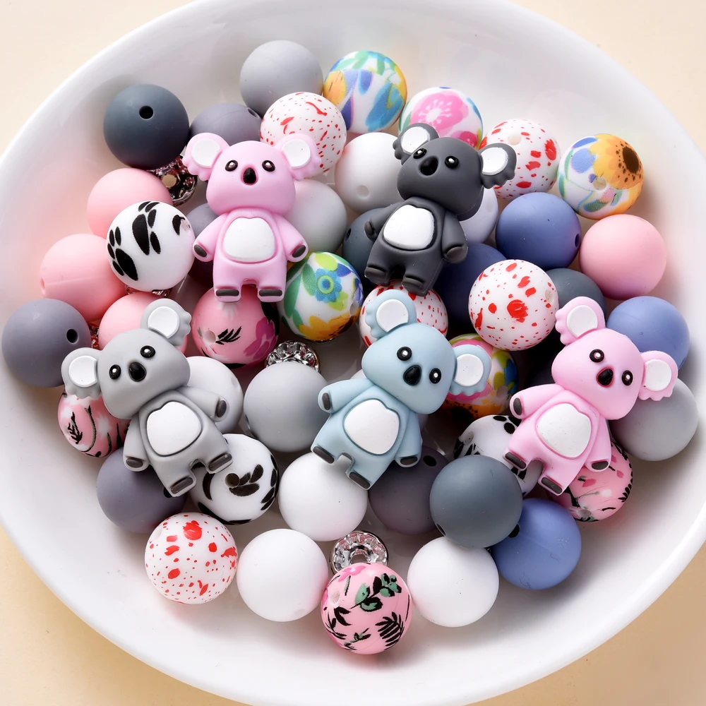 28Pcs Silicone Beads Rhinestone Set Koala&Round Teether Beads Handmade DIY Bracelet Necklace Pacifier Chain Making