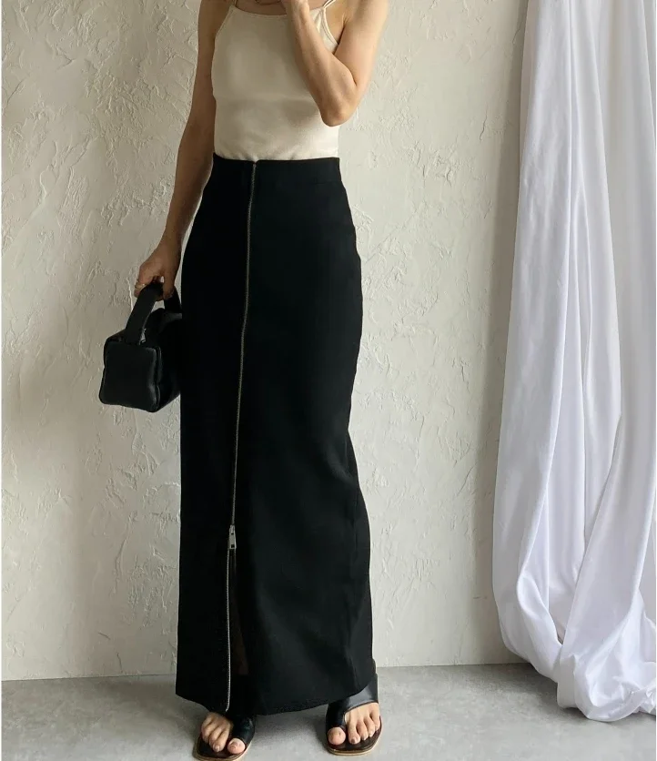Chic Zipper  Knitted Skirt Long Office Elegant High Waist Ladies 2024 Autumn Women Casual Loose  Female Knitted Skirts