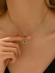 1PC Titanium steel bead chain Green yellow Zircon teardrop pendant Jewelry necklace 18k gold plated gift party