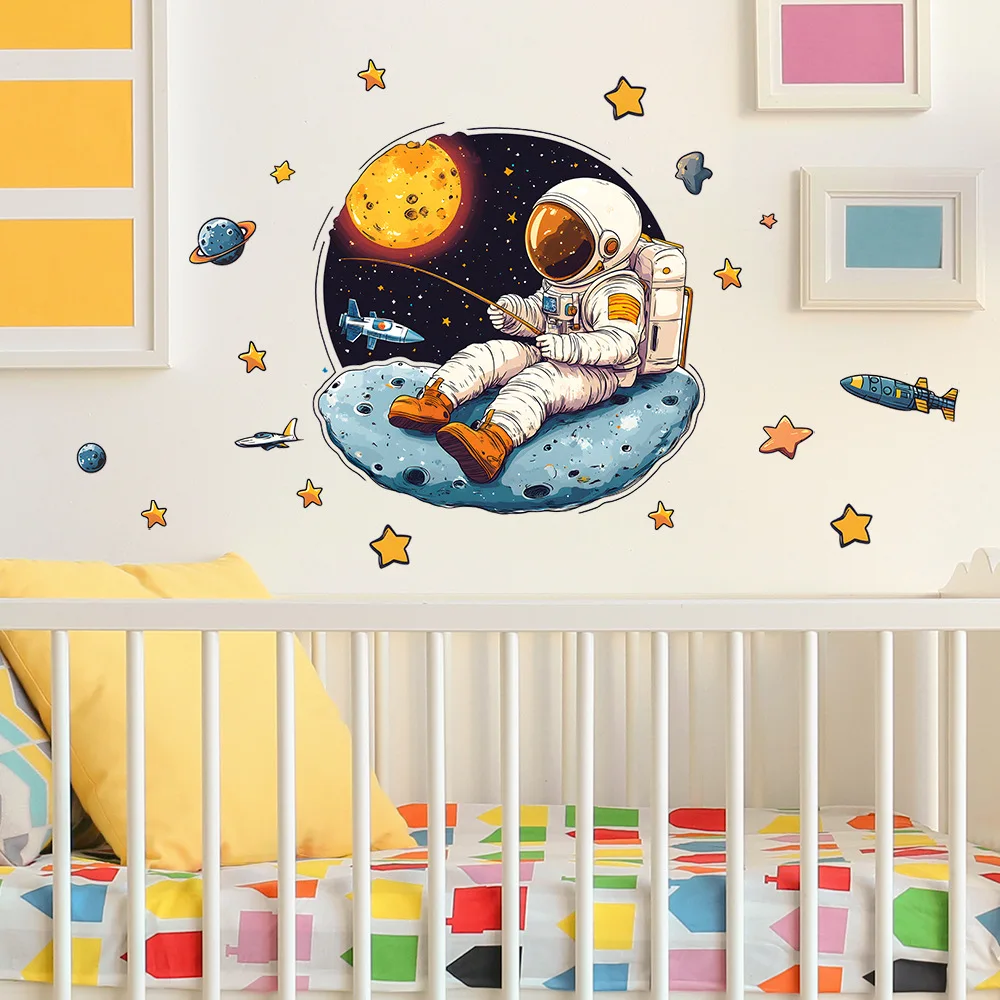 Pegatina de pared de astronauta y planeta de dibujos animados, decoración de fondo para habitación de niños, Mural para dormitorio, embellecer la decoración del hogar, calcomanías autoadhesivas