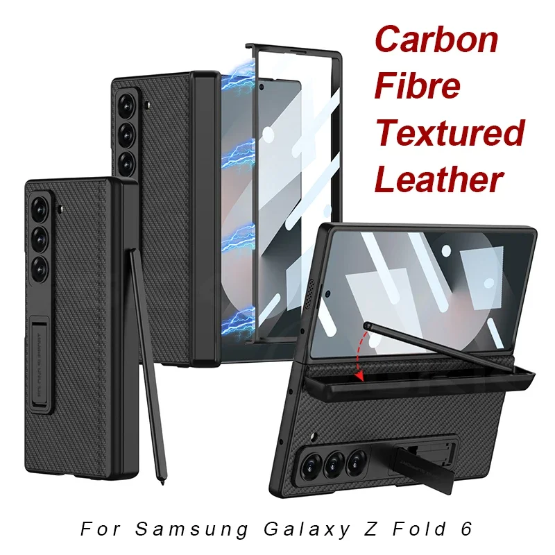 

Текстурированный кожаный чехол из углеродного волокна для Samsung Galaxy Z Fold 6, держатель для ручки с магнитным шарниром, пластиковый чехол для Galaxy Z Fold6, чехол