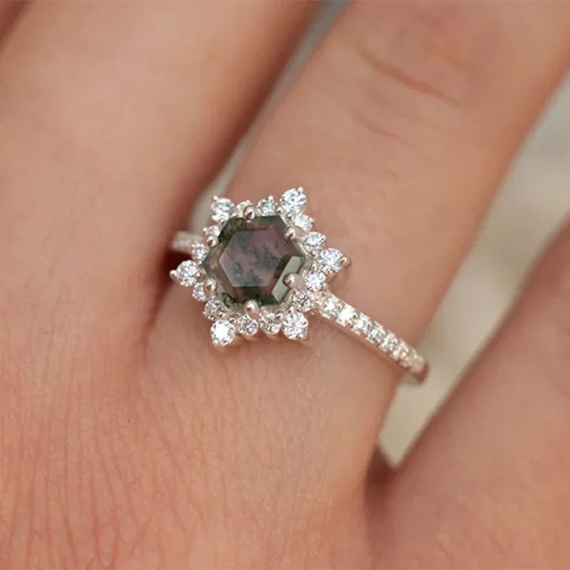 Natural Hexagon Moss Agate Halo Ring for Women, 925 Sterling Silver, Round‑Cut Zircon Half Eternity Accents, Fine Engagement Jewelry, Ideal Birthday Party Anniversary Holiday Gift Accessories