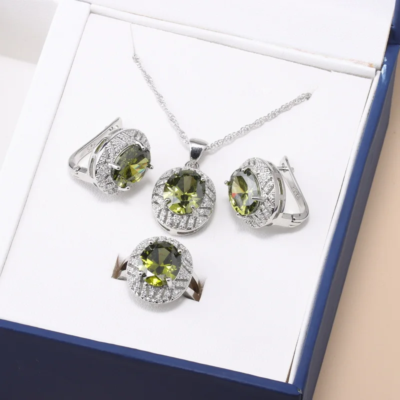 Real Romantic 925 Sterling Silver Cubic Zirconia Crystal Pendant Necklace Earrings Jewelry Set For Women Choker Wedding Ring