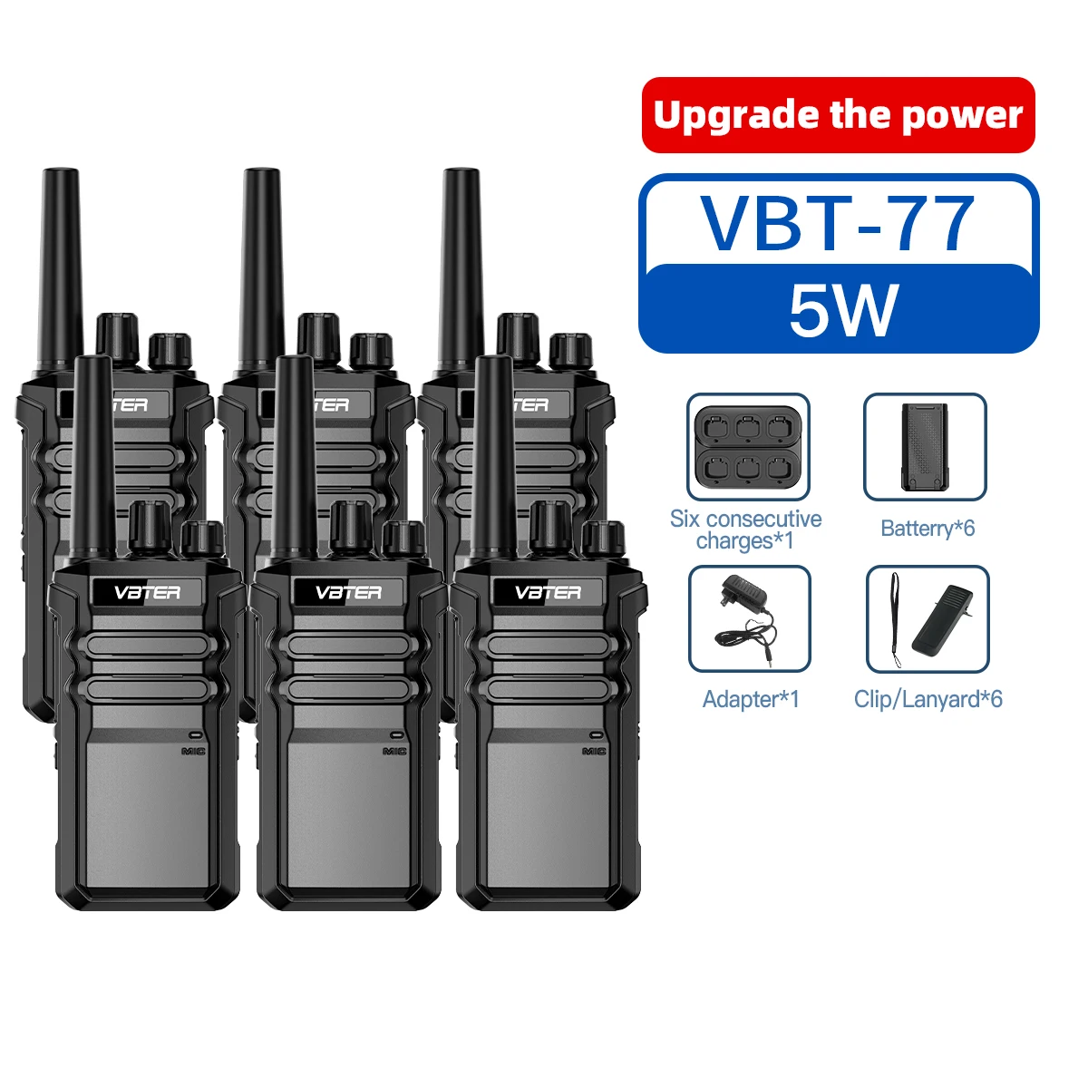 VBTER Walkie Talkie met multi-unit oplaadmogelijkheid VBT-77 Handheld tweerichtingsradio 3-5km VOX UHF 400-470MHz Draagbare lange afstand radio