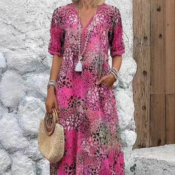 New Women's Dresses, Floral Printed Elegant Casual Vintage Dresses, Y2k Bohemian Style, Fashion Large Size Short Sleeve Dress