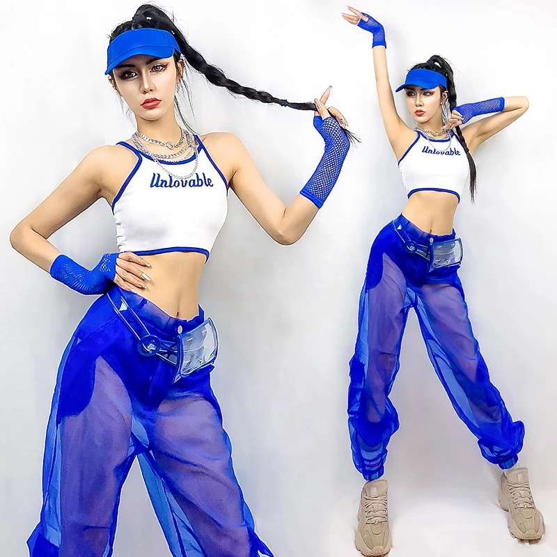 

Adult Jazz Dance Suit Nightclub Performance Outfit Hip Hop Kpop Stage Wear Sexy Gogo Dancer Clothes Tank Tops Blue Pants