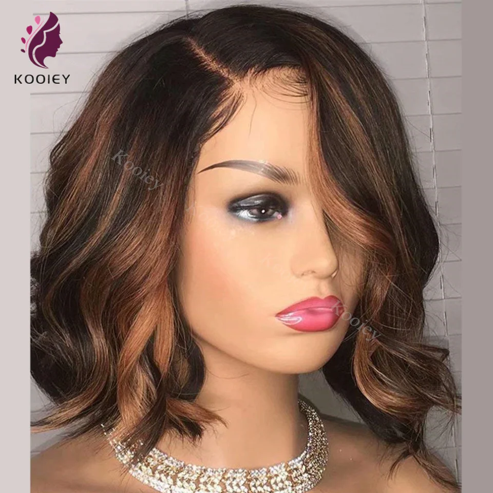 Short Bob Transparent 5x5 PU Silk Top Wig Banzilian Body Wave Human Hair Wigs For Women Highlight Dark Brown With Baby Hair