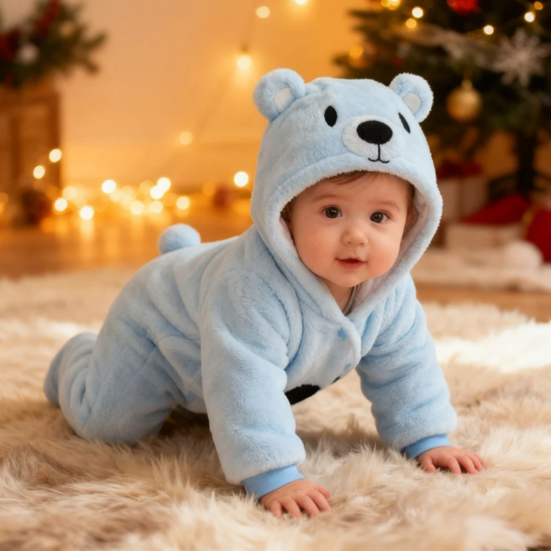 Baby Clothing Snowsuit Winter Hooded Long Sleeve Fleece Cute Jumpsuit Toddle Romper Outwear Warm Thicken Cute Pattern Jumpsuit