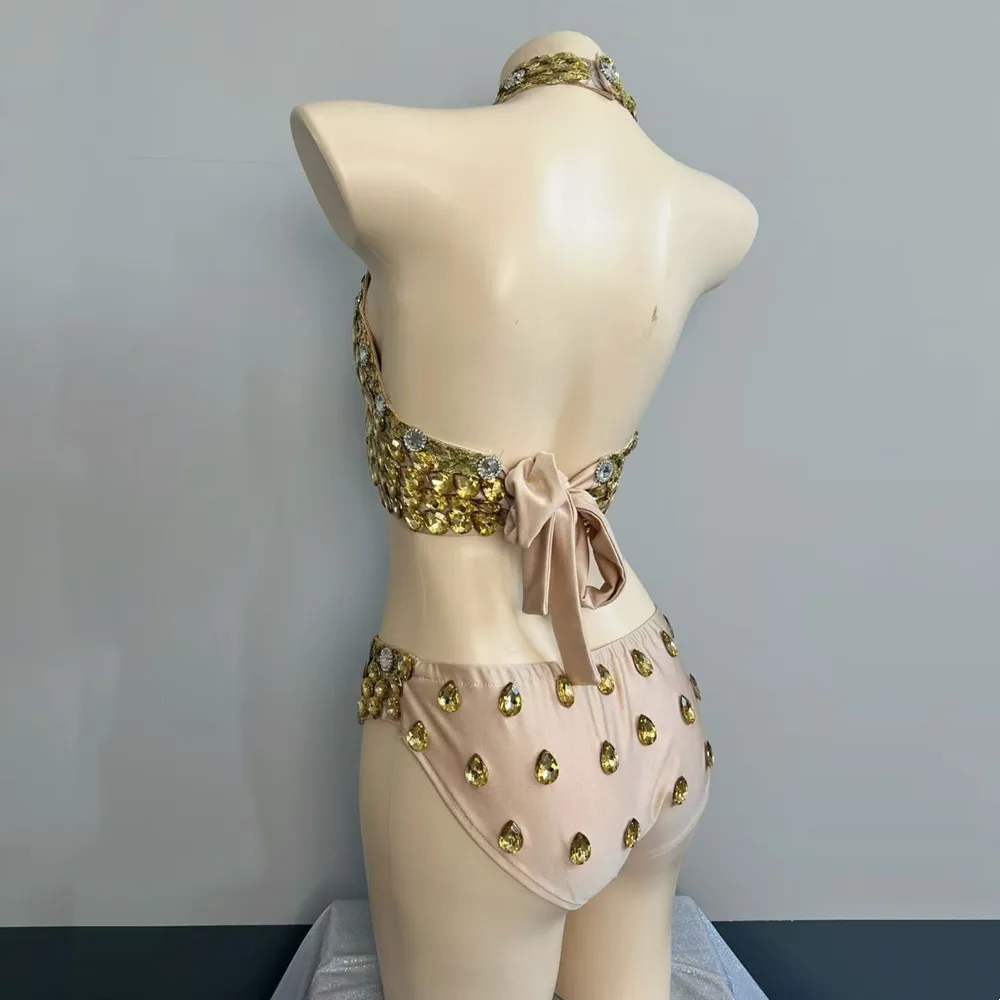 Bar Nightclub Women Sexy Dance Costume Party Gold Rhinestones Sequins Cut Out Bodysuit DJ Dancer Singer Performance Stage Wear