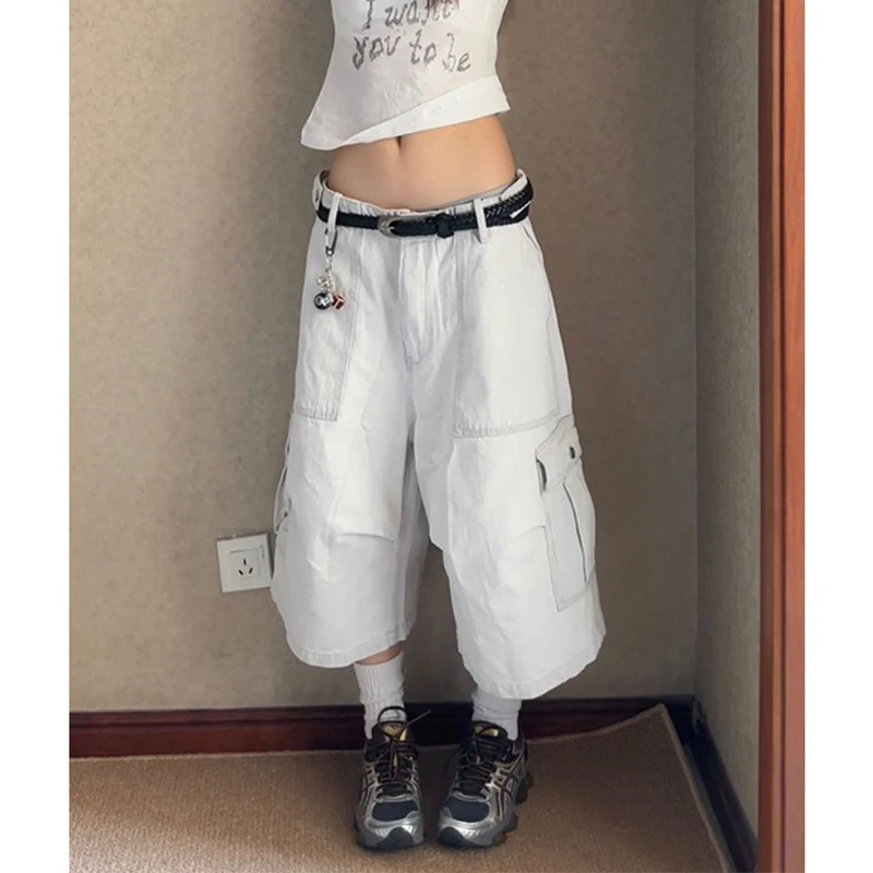 PBAP Adjustable Low Rise Baggy Jorts Women Cargo Pockets Vintage Wash Wide Leg Plain Pintuck Denim Shorts Casual Summer Clothes