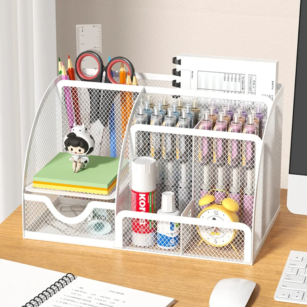 Mesh Pen Holder and Organizer Office Supplies with 7 Compartments, Desktop Organizer with Drawer, Metal Pen Holder for Desk