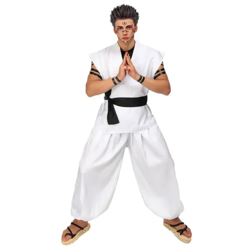 Wenam men's US size ryomen Sukuna cosplay costume White kung fu suit with tattoo stickers for Halloween comic con outfits