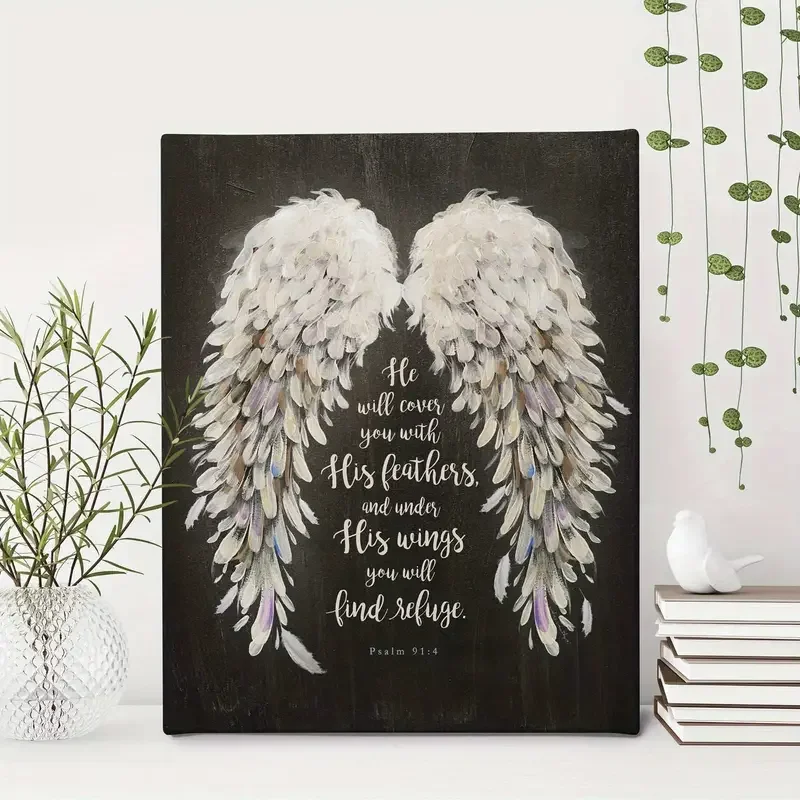 1pc He Will Cover You With His Feathers Psalm  Spiritual Canvas Print Charcoal Wall Art For Kitchen Office Hallway Home No Frame