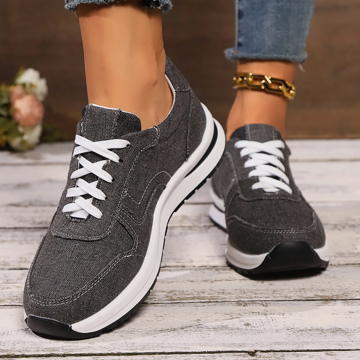 Blue Denim Platform Sneakers Women Fashion Thick Sole Lace Up Sports Shoes Woman Plus Size 43 Comfortable Casual Female Sneakers