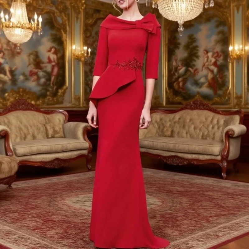 

Classic Red Mother of the Bride Dresses O Neck 3/4 Sleeves Wedding Party Gowns Appliques Mermaid Robe Customized