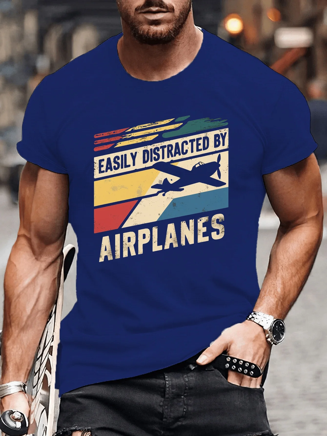 Easily Distracted by Airplanes pattern design -100% cotton summer O-neck short sleeve casual printed men's T-shirt.