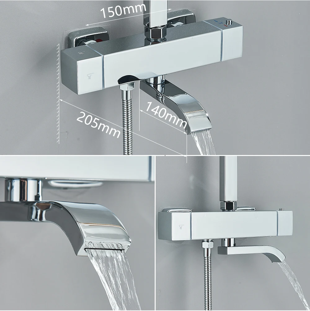 Chrome Thermostatic Bathroom Shower System Faucet Square Brass Thermostatic Bath Shower Set 12 Inch Rain Bathroom Shower Head