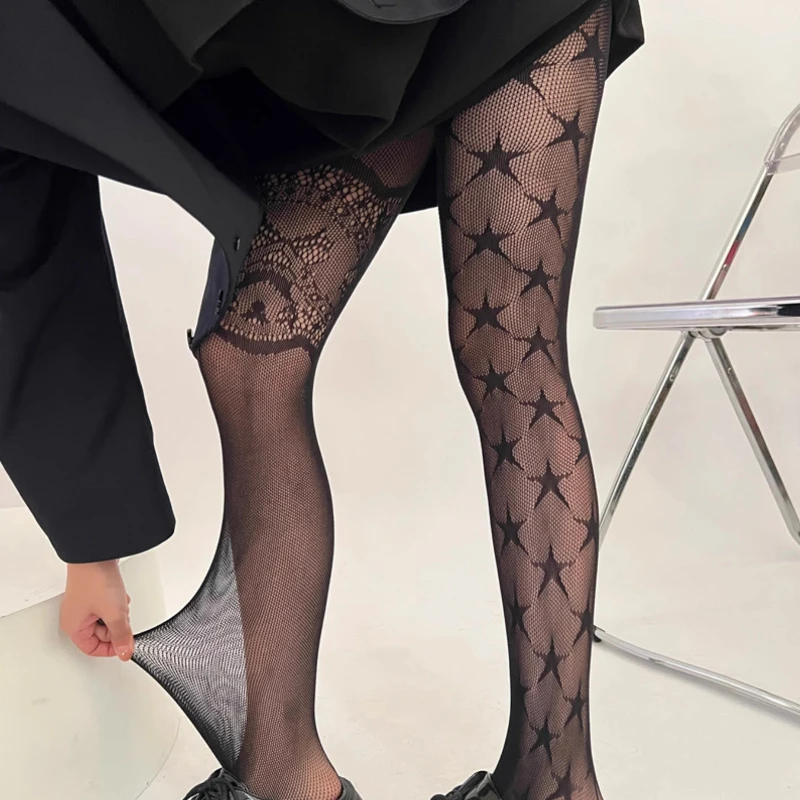 الجوف التدريجي الجاكار ستار جوارب شبكية غير المتماثلة العصرية مثير المرأة جوارب طويلة إلى الركب الحلو لوليتا Y2K تأثيري جوارب طويلة