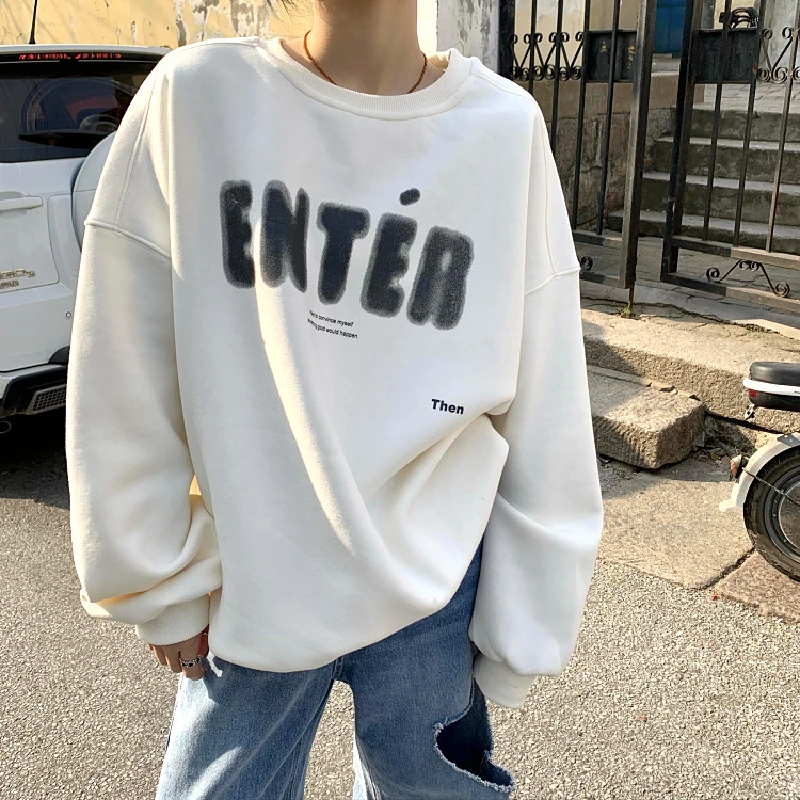 

Women's Clothing White Sweatshirt Letter Print Crew Neck Korean Fashion Vintage Leisure Loose Winter Long Sleeves Pullover Tops