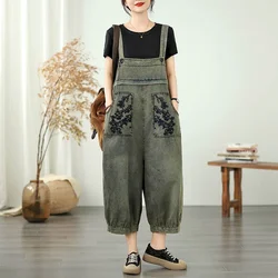 Denim Jumpsuits for Women Korean Style Rompers Vintage Playsuits Embroidery Harem Pants Casual Overalls One Piece Outfit Women