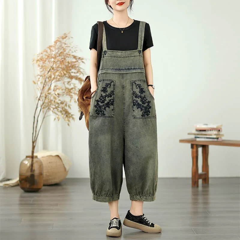 Kombinezony jeansowe damskie w stylu koreańskim, kombinezony vintage, haftowane spodnie haremki, codzienne ogrodniczki, jednoczęściowy strój damski.