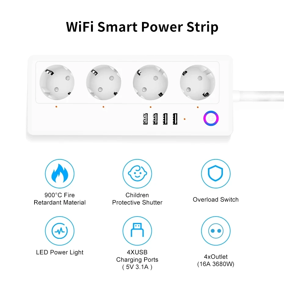 Multiprise WiFi Smart Socket, multiprise avec 4 prises, 4 ports USB, compatible avec Alexa Google Home, Tuya Smart Launches Life