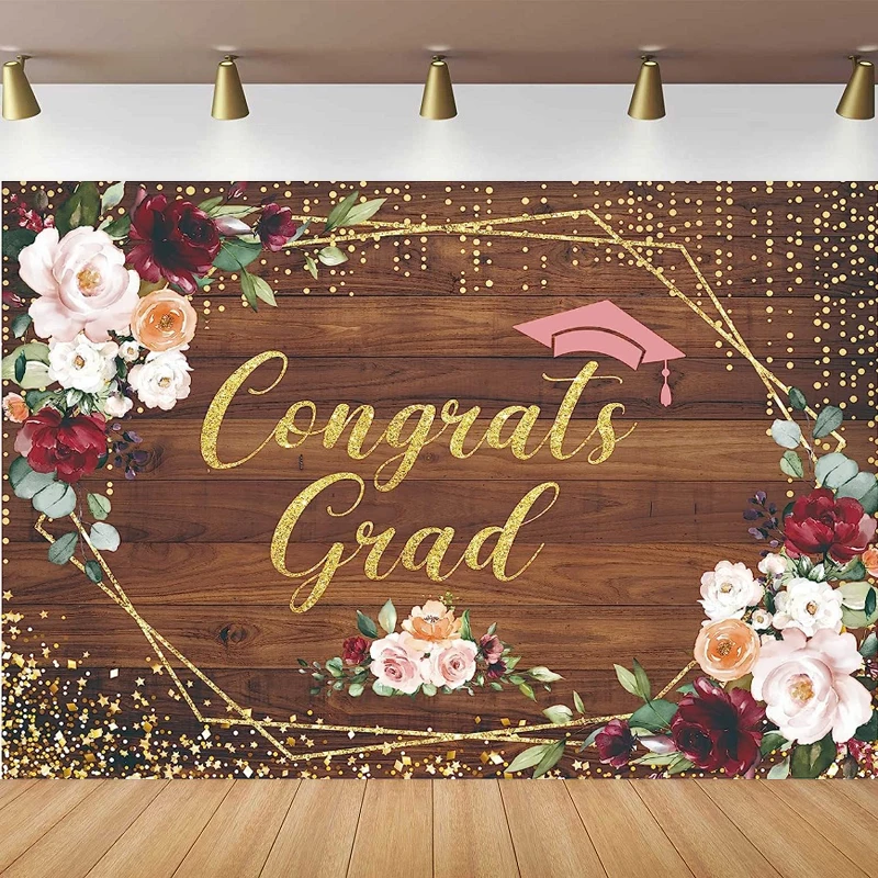 Pink Floral Graduation Photography Backdrop Congrats Grad Flower Wooden Board Rustic Gold Adults Teen Girls Lady Background