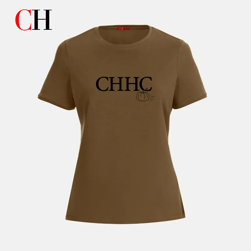 

CH Casual All-match Tee CHHC Unique Letter Printed Crew Neck Solid Color Stylish Daily Women Fashion Wear