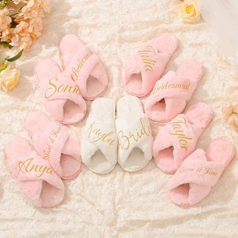 

Personalized Bridal Shower Wedding Bachelorette Party Slippers Fuzzy Plush Cross Bridesmaid Fluffy House Spa Slippers For Women