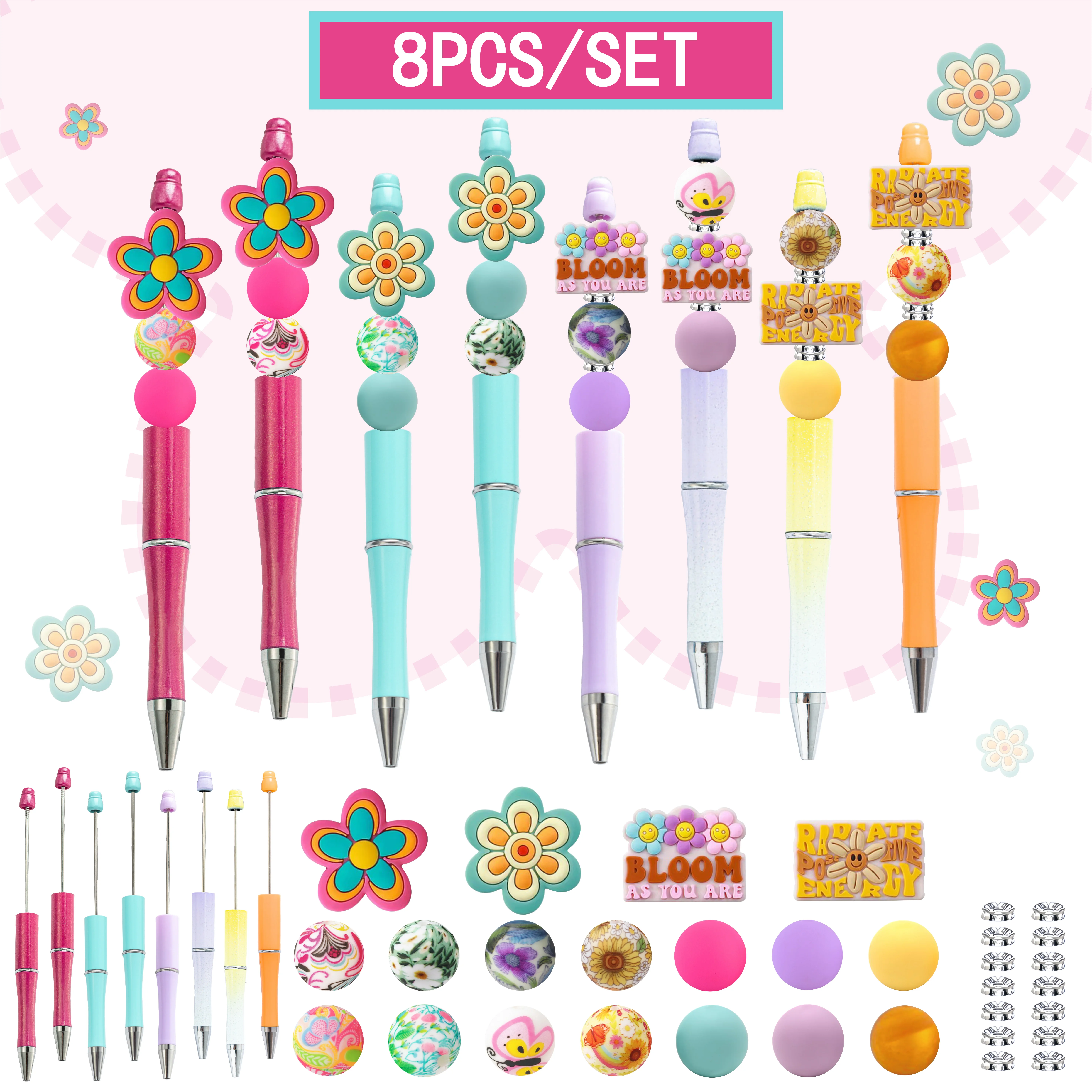 

8PCS New Spring And Summer Flower Sunflower Theme DIY Bead Ballpoint Pen And Silicone Bead Set, Office &School Supply