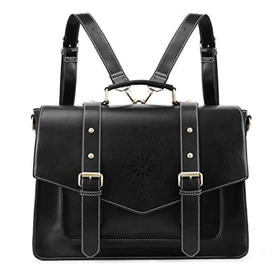 Backpack for Women Briefcase Messenger Laptop Bag Vegan Leather Satchel Work Bags Fits 15.6 inch Laptops Black