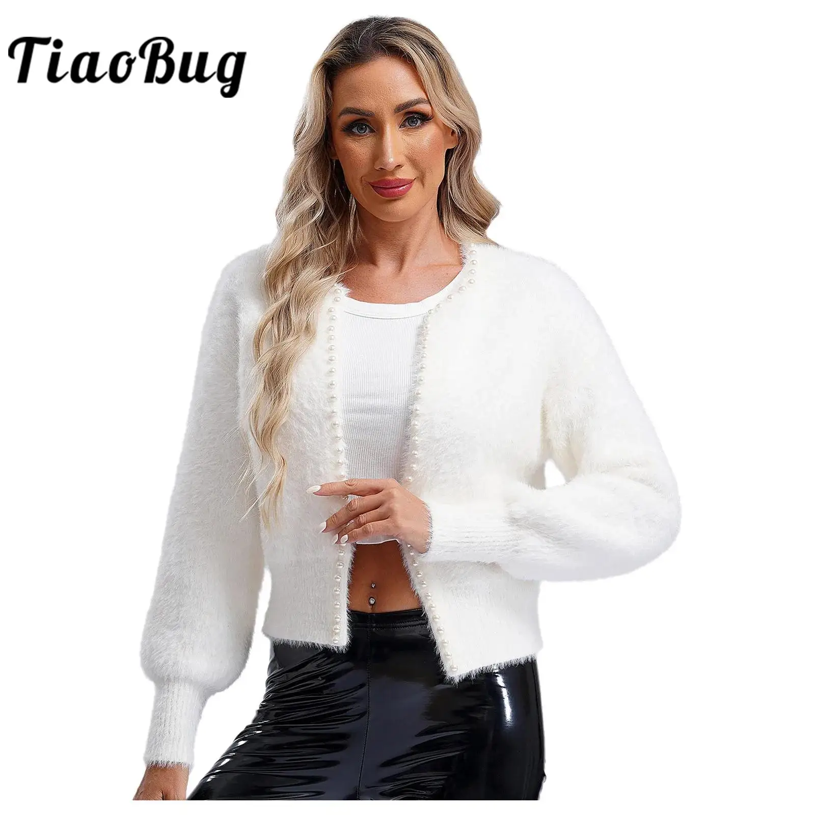 Women Jacket Cardigan Faux Fur And Faux Pearls-edged Lantern Sleeve Loose Tops Coat for Daily Wear Party Spring Autumn Outerwear