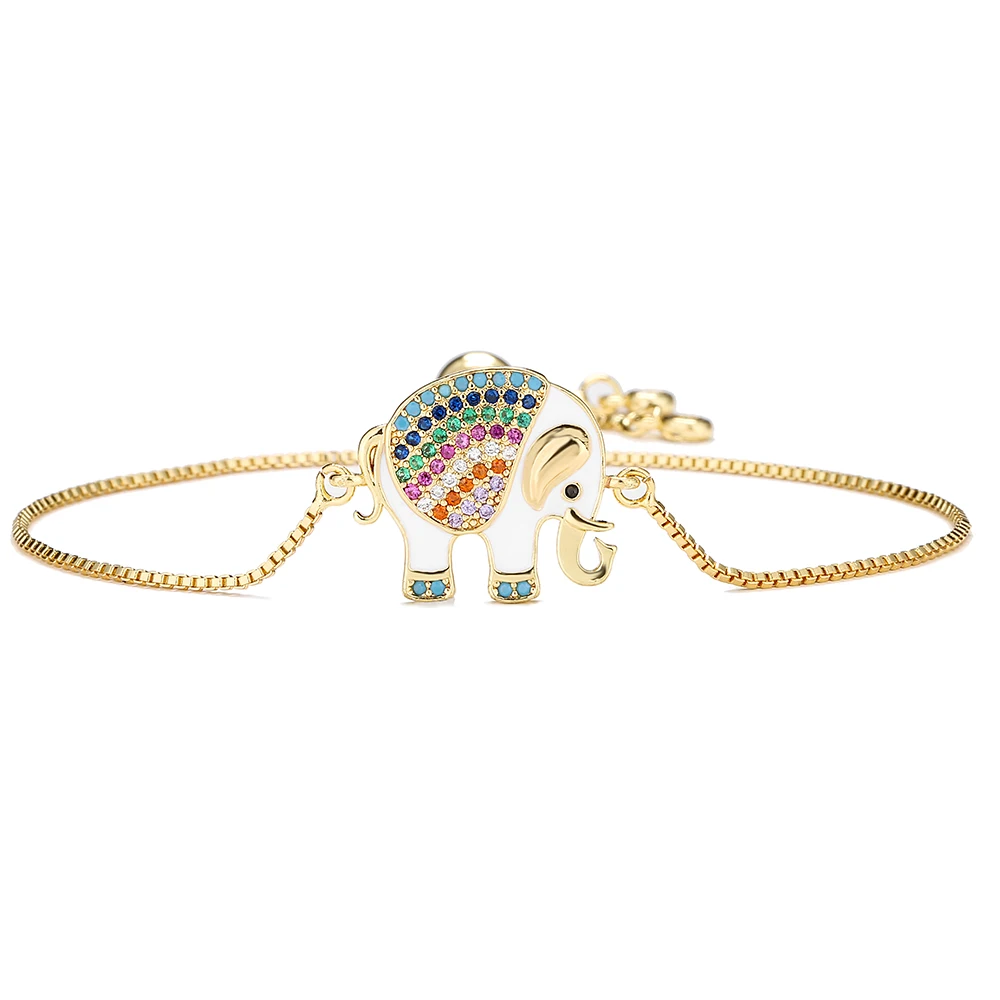 NEWBUY Hot Sale Colourful Cubic Zirconia Pave Setting Jewelry Gold Color Box Chain Elephant Charm Bracelets Adjustable For Women