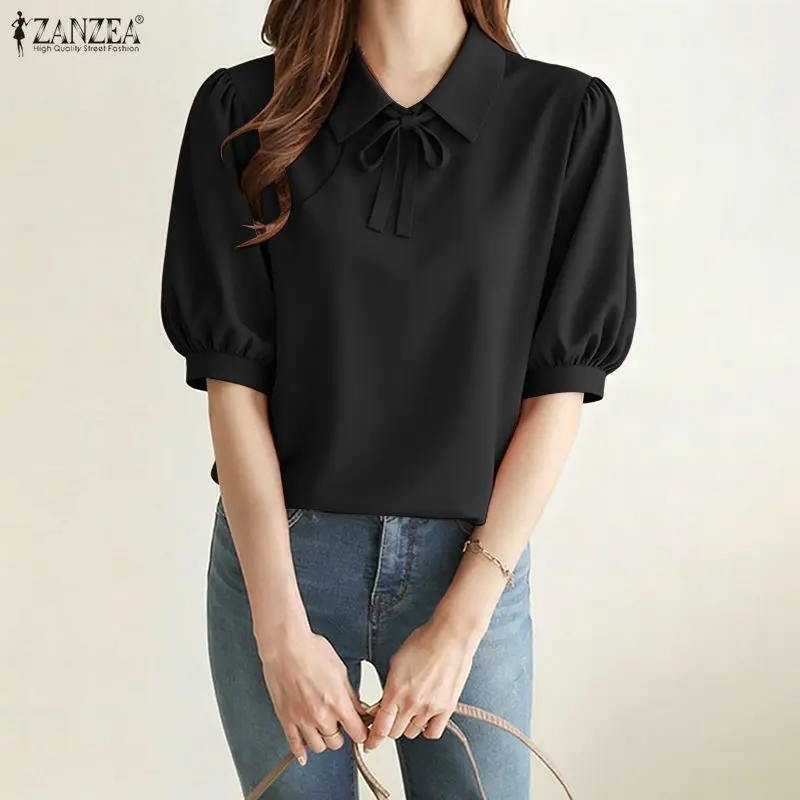 

Женская летняя блузка ZANZEA 2026: однотонная, с отложным воротником, коротким рукавом, элегантная офисная рубашка, повседневная туника на шнуровке для отпуска
