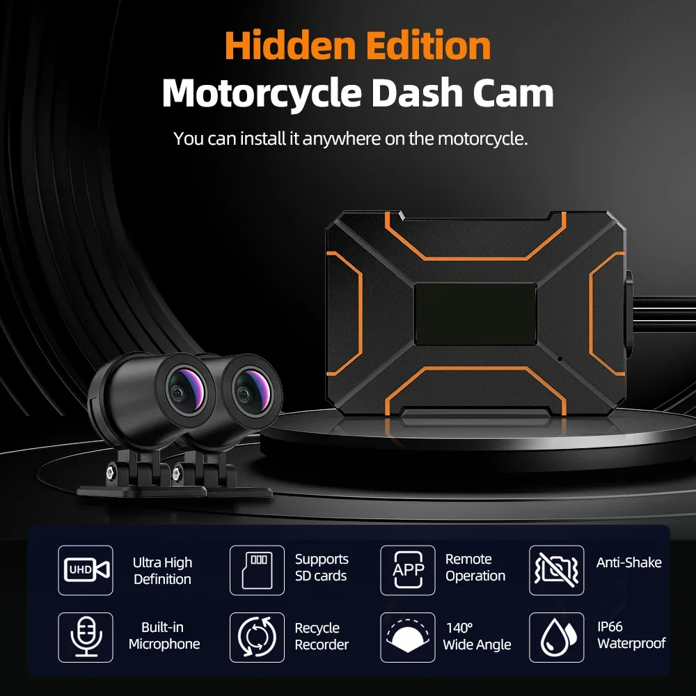 2K/1080P Dual-lens Waterproof Hidden Motorcycle DVR Front and Rear 140 Widely Angle Video Recording DashCam WiFi for Motorcycles
