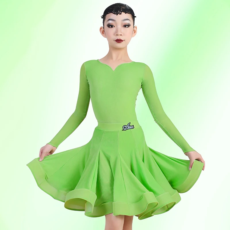 

Children Latin Dance Competition Dress Professional Long Sleeves Suit Girls Cha Cha Rumba Ballroom Dance Clothing Green BL12386