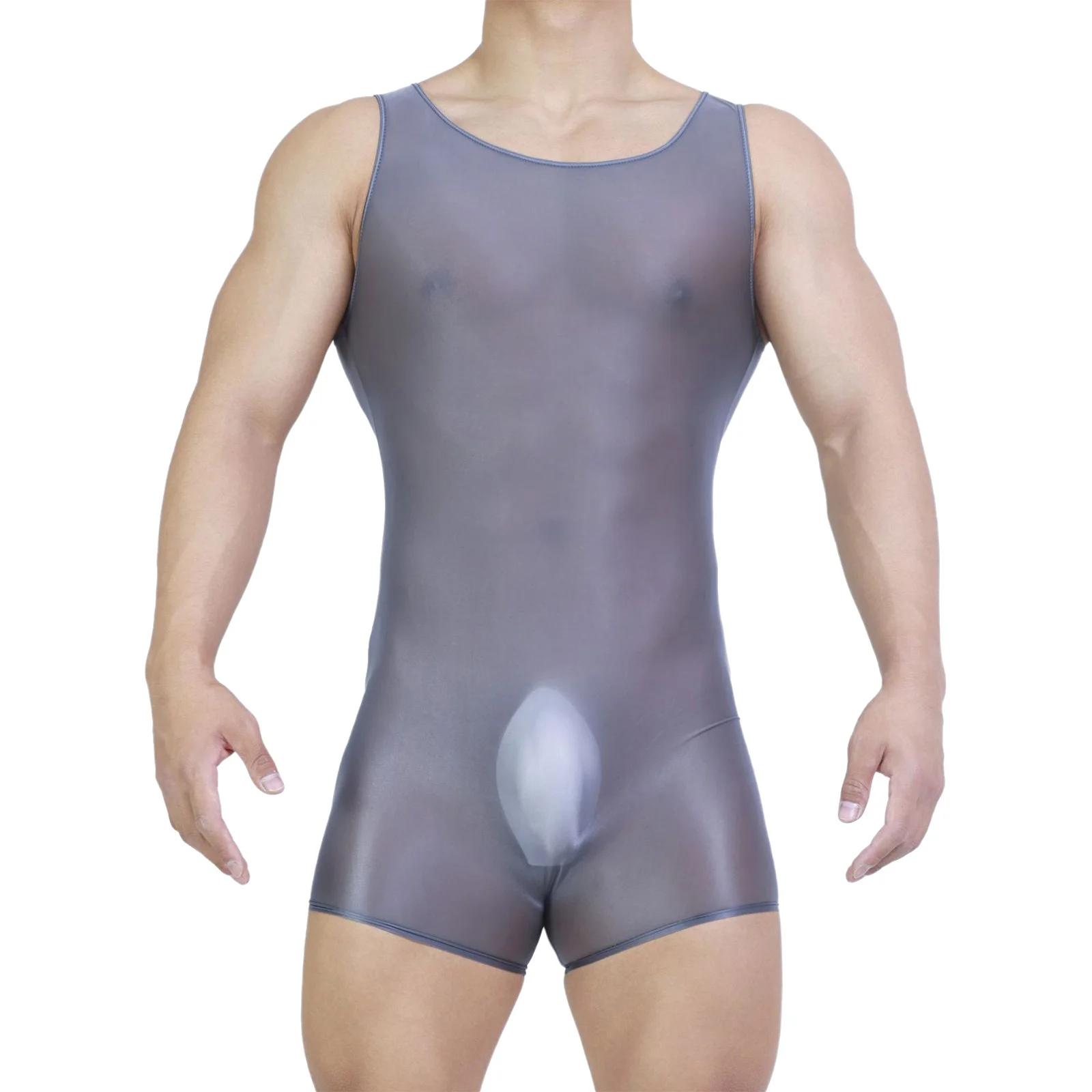 Men Sheer Stretchy Bodysuit Sleeveless Shorts Bottom Fitting Leotard Tank Jumpsuit Wrestling Singlet Boxer Shorts Night Clubwear