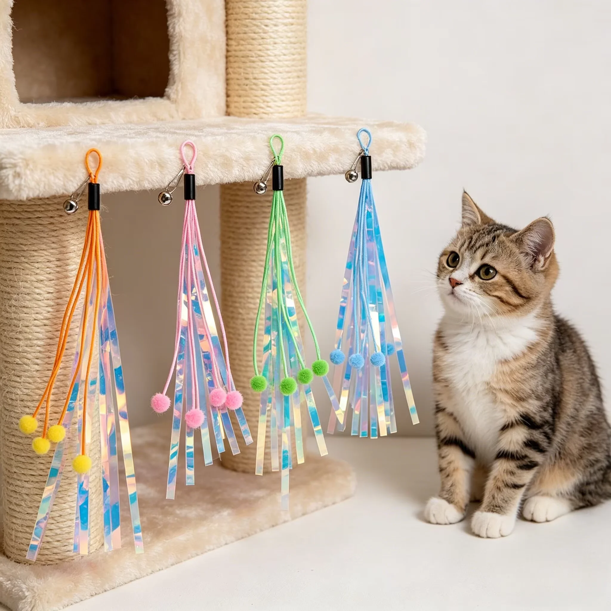 Cute Laser Ribbon Tassel Cat Toy Refill Head With Bell Pompom Detachable Kitten Interactive Teaser Toy Fit Cat Wand & Cat Tree