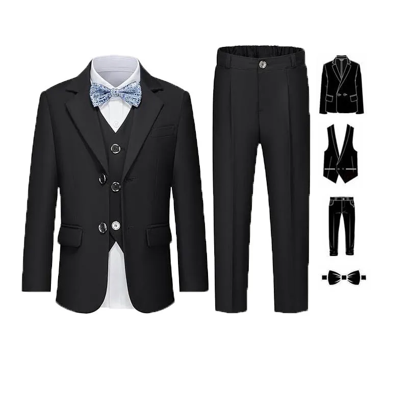 PsyMonster Jungen schwarz Klavier Violine Kleid Kinder dünne Jacke Weste Hosen Fliege 4 Stück Ballkleid Kinder Abend Tanz Performance Kostüm 3