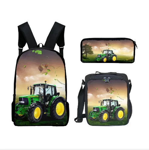 3pcs/Set 3D Print Farming Trendy Tractor Pattern Backpack Primary Middle School Studens Boys Girls Schoolbag Lunch Bag Pen Case